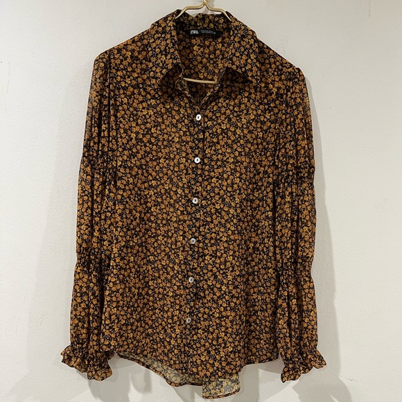 ZARA long-sleeved floral blouse with button-down collar online, size S. - Picture 1 of 9